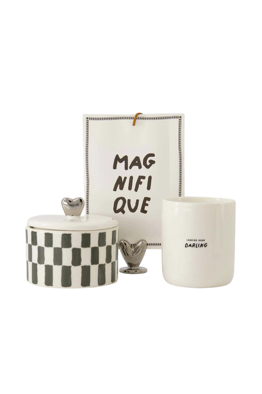 Zusss | Duftkerze aus Keramik mit Deckel, silbernes Herz, graublau