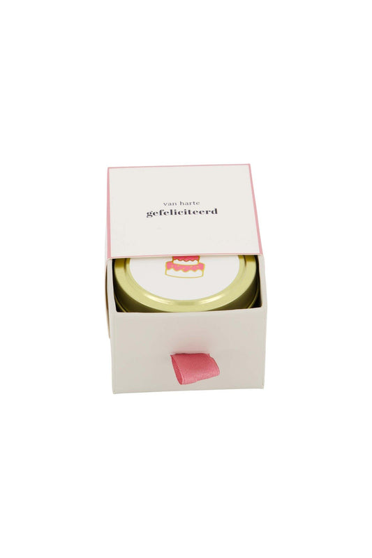 Zusss | Geurkaarsje tinnen in schuifdoosje gefeliciteerd taart wit/roze