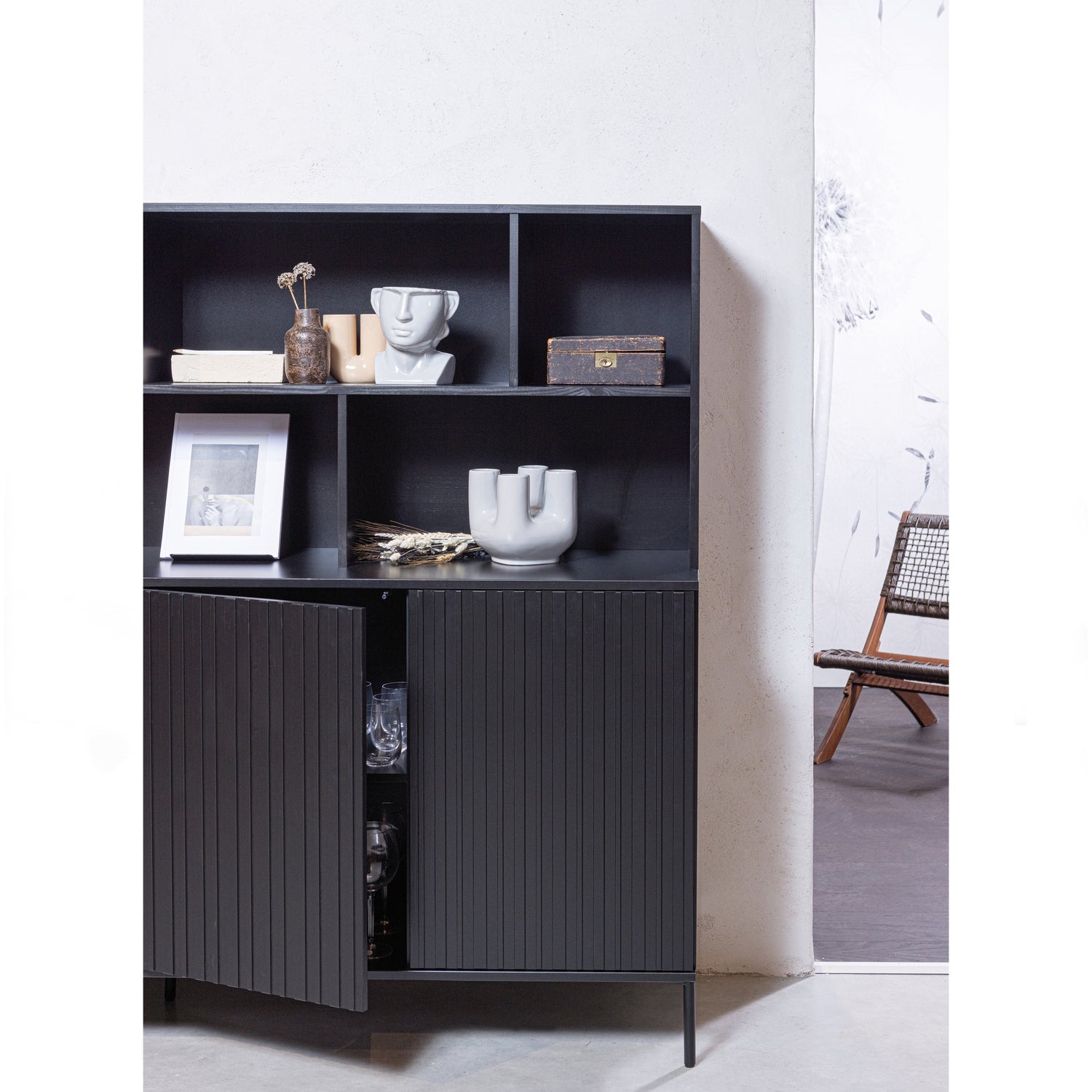 Woood New Gravure Wandkast grenen zwart