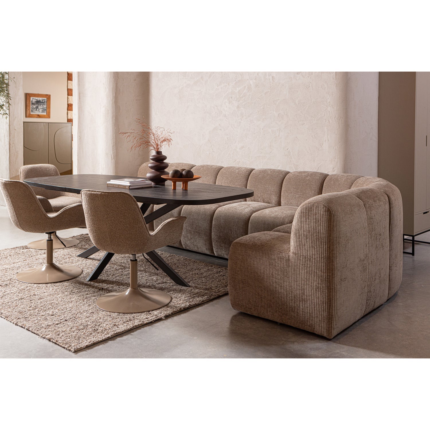 Woood Mojo Eetbank met rugleuning 164cm Ribstof donkerzand