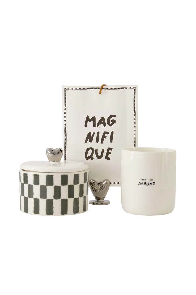 Zusss | Duftkerze aus Keramik mit Deckel, silbernes Herz, graublau