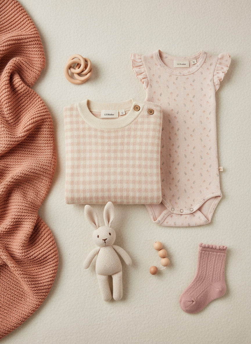 Scandinavische flatlay baby meisjes in warme roze tinten