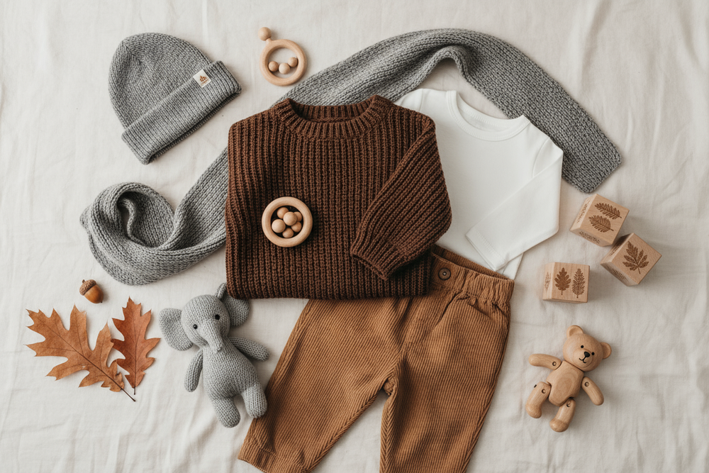 Scandinavische najaarsflatlay baby & kids met speelgoed